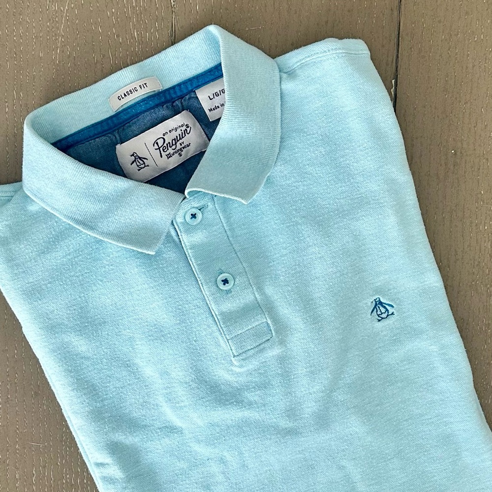 Men’s Penguin Classic Fit Short-Sleeve Nautical Aqua Blue Polo Shirt • Large